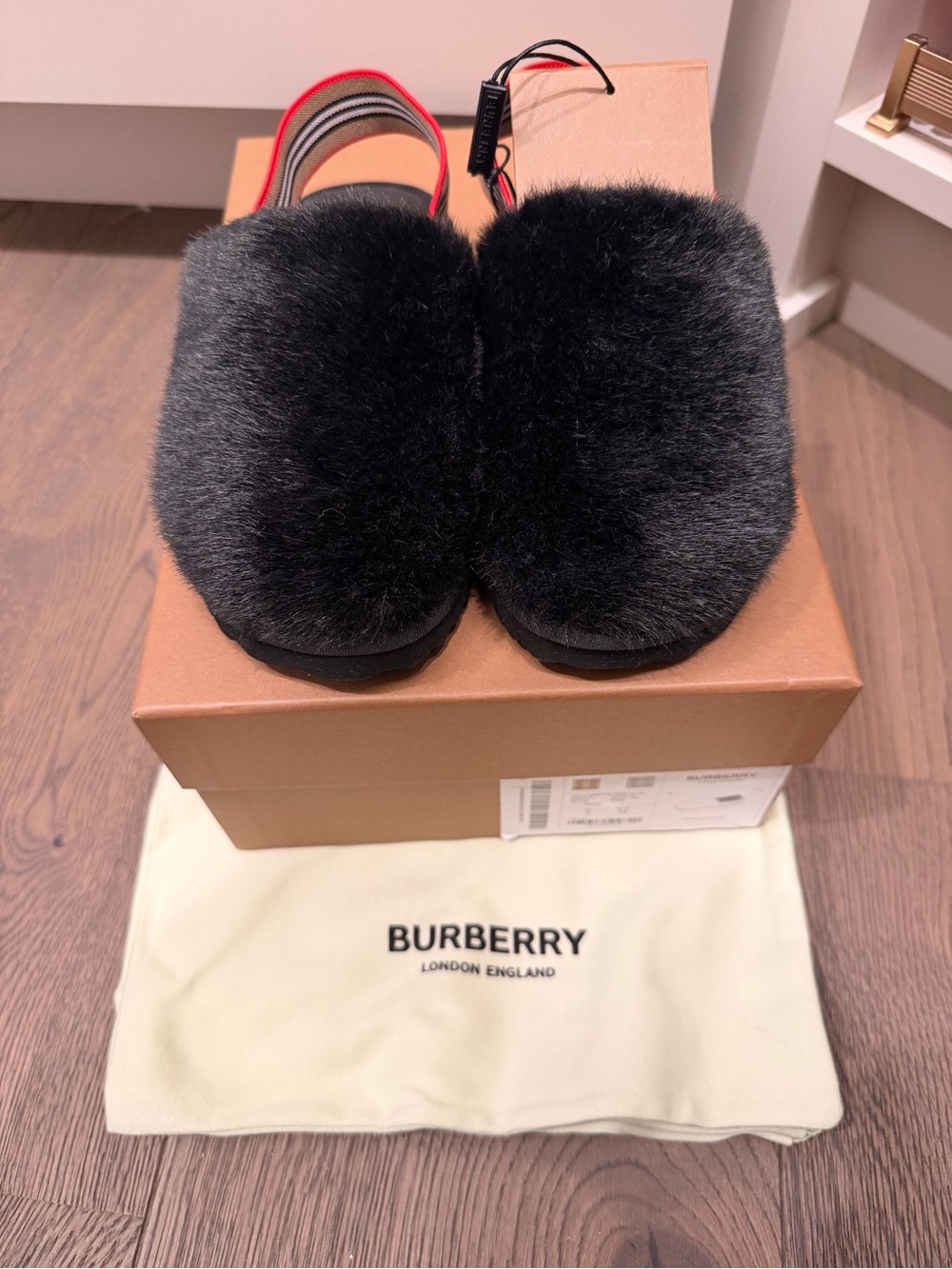 Burberry Black Faux Fur Kids Slingback Slides with Red Trim